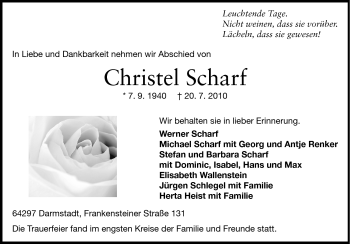 Traueranzeige von Christel Scharf von Darmstädter Echo, Odenwälder Echo, Rüsselsheimer Echo, Groß-Gerauer-Echo, Ried Echo