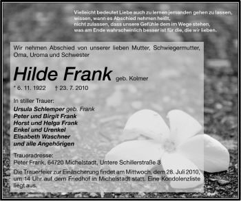 Traueranzeige von Hilde Frank von Odenwälder Echo