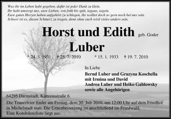 Traueranzeige von Horst + Edith Luber von Echo-Zeitungen (Gesamtausgabe)