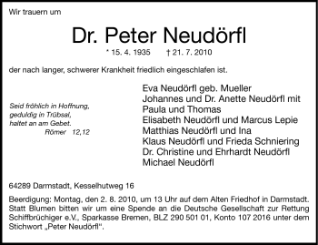 Traueranzeige von Peter Neudörfl von Darmstädter Echo, Odenwälder Echo, Rüsselsheimer Echo, Groß-Gerauer-Echo, Ried Echo
