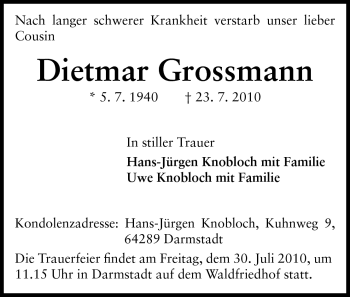 Traueranzeige von Dietmar Grossmann von Darmstädter Echo, Odenwälder Echo, Rüsselsheimer Echo, Groß-Gerauer-Echo, Ried Echo