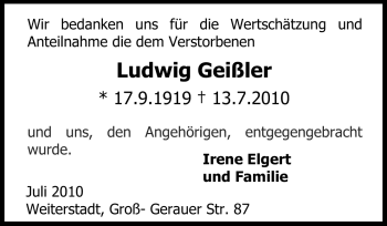 Traueranzeige von Ludwig Geißler von Echo-Zeitungen (Gesamtausgabe)