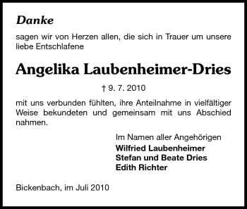 Traueranzeige von Angelika Laubenheimer-Dries von Echo-Zeitungen (Gesamtausgabe)