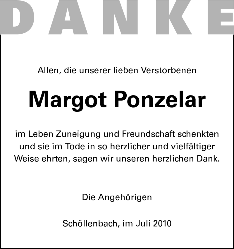 Traueranzeige für Margot Ponzelar vom 29.07.2010 aus Odenwälder Echo
