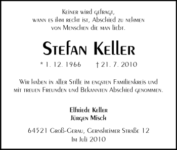 Traueranzeige von Stefan Keller von Rüsselsheimer Echo, Groß-Gerauer-Echo, Ried Echo