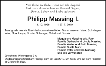 Traueranzeige von Philipp Massing von Darmstädter Echo, Odenwälder Echo, Rüsselsheimer Echo, Groß-Gerauer-Echo, Ried Echo