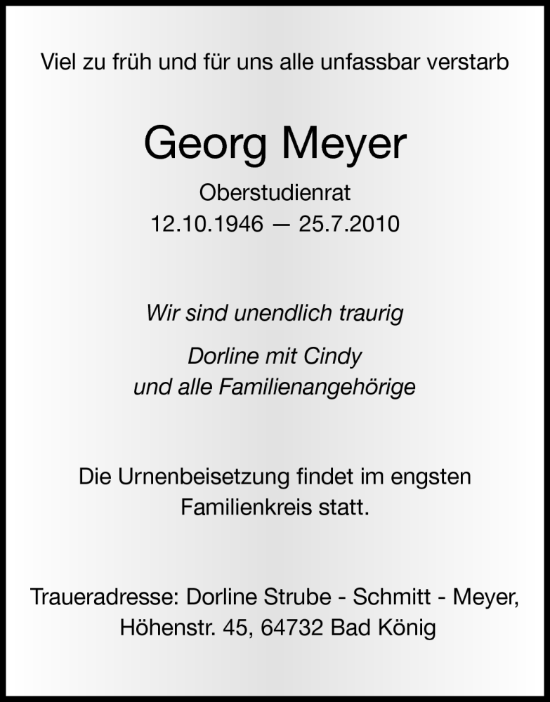  Traueranzeige für Georg Meyer vom 31.07.2010 aus Echo-Zeitungen (Gesamtausgabe)
