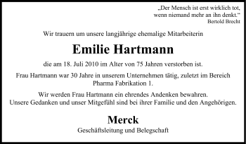 Traueranzeige von Emilie Hartmann von Echo-Zeitungen (Gesamtausgabe)