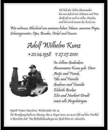 Traueranzeige von Adolf Wilhelm Kunz von Rüsselsheimer Echo, Groß-Gerauer-Echo, Ried Echo
