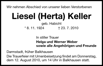 Traueranzeige von Liesel Keller von Echo-Zeitungen (Gesamtausgabe)