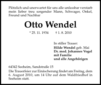 Traueranzeige von Otto Wendel von Echo-Zeitungen (Gesamtausgabe)