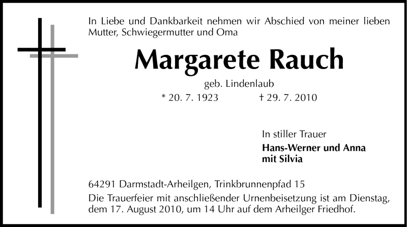  Traueranzeige für Margarete Rauch vom 04.08.2010 aus Echo-Zeitungen (Gesamtausgabe)