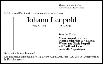Traueranzeige von Johann Leopold von Rüsselsheimer Echo, Groß-Gerauer-Echo, Ried Echo