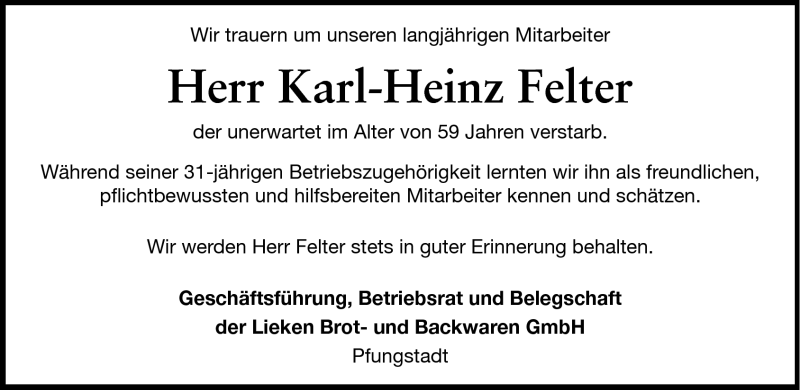  Traueranzeige für Karl-Heinz Felter vom 07.08.2010 aus Echo-Zeitungen (Gesamtausgabe)