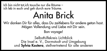 Traueranzeige von Anita Brick von Darmstädter Echo, Odenwälder Echo, Rüsselsheimer Echo, Groß-Gerauer-Echo, Ried Echo