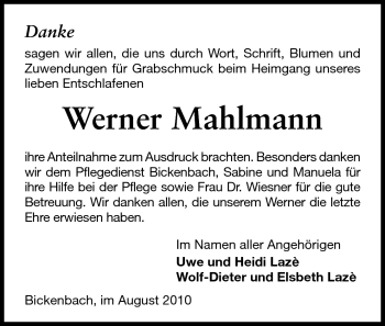 Traueranzeige von Werner Mahlmann von Echo-Zeitungen (Gesamtausgabe)