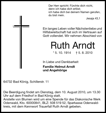 Traueranzeige von Ruth Arndt von Odenwälder Echo