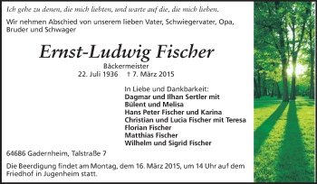 Traueranzeige von Ernst-Ludwig Fischer von Echo-Zeitungen (Gesamtausgabe)