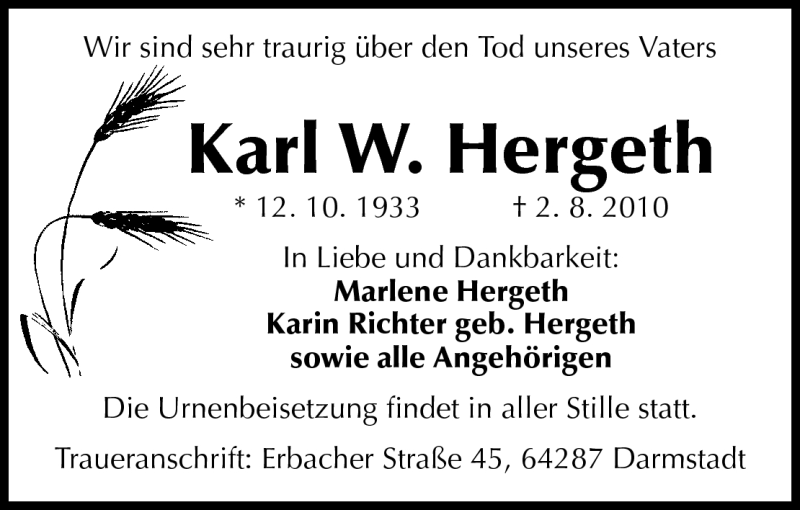  Traueranzeige für Karl W. Hergeth vom 07.08.2010 aus Darmstädter Echo, Odenwälder Echo, Rüsselsheimer Echo, Groß-Gerauer-Echo, Ried Echo