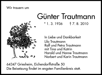 Traueranzeige von Günter Trautmann von Darmstädter Echo, Odenwälder Echo, Rüsselsheimer Echo, Groß-Gerauer-Echo, Ried Echo