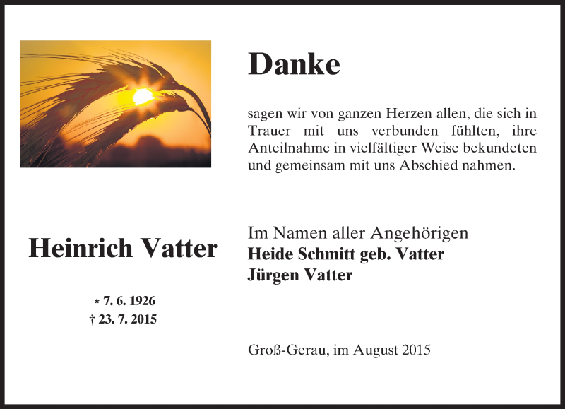  Traueranzeige für Heinrich Vatter vom 05.08.2015 aus trauer.echo-online.de