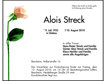 Traueranzeige von Alois Streck von Starkenburger Echo, Bergsträßer Anzeiger