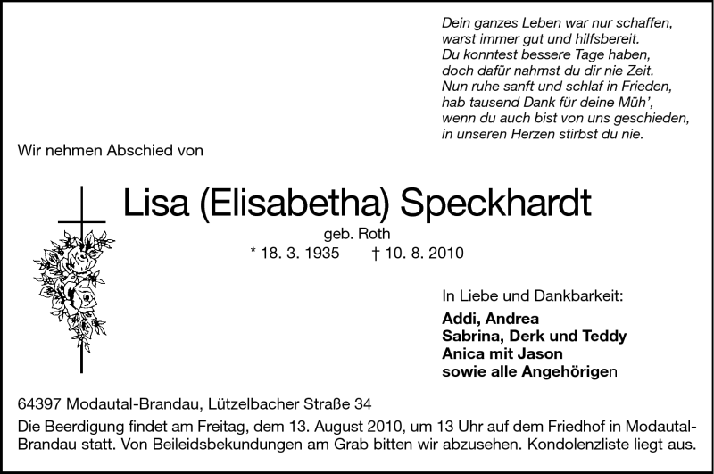  Traueranzeige für Lisa Speckhardt vom 12.08.2010 aus Darmstädter Echo, Odenwälder Echo, Rüsselsheimer Echo, Groß-Gerauer-Echo, Ried Echo