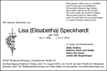 Traueranzeige von Lisa Speckhardt von Darmstädter Echo, Odenwälder Echo, Rüsselsheimer Echo, Groß-Gerauer-Echo, Ried Echo