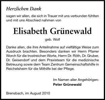 Traueranzeige von Elisabeth Grünewald von Echo-Zeitungen (Gesamtausgabe)