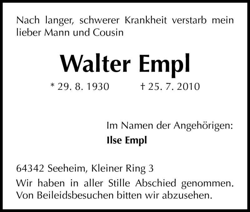  Traueranzeige für Walter Empl vom 14.08.2010 aus Echo-Zeitungen (Gesamtausgabe)