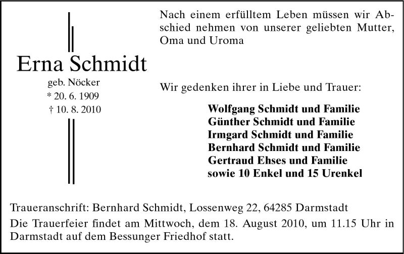  Traueranzeige für Erna Schmidt vom 14.08.2010 aus Echo-Zeitungen (Gesamtausgabe)