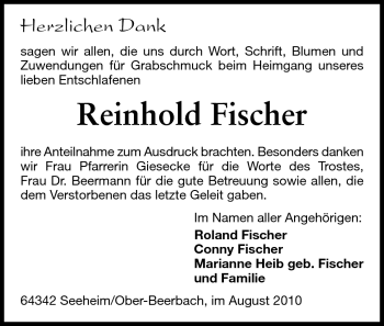 Traueranzeige von Reinhold Fischer von Echo-Zeitungen (Gesamtausgabe)