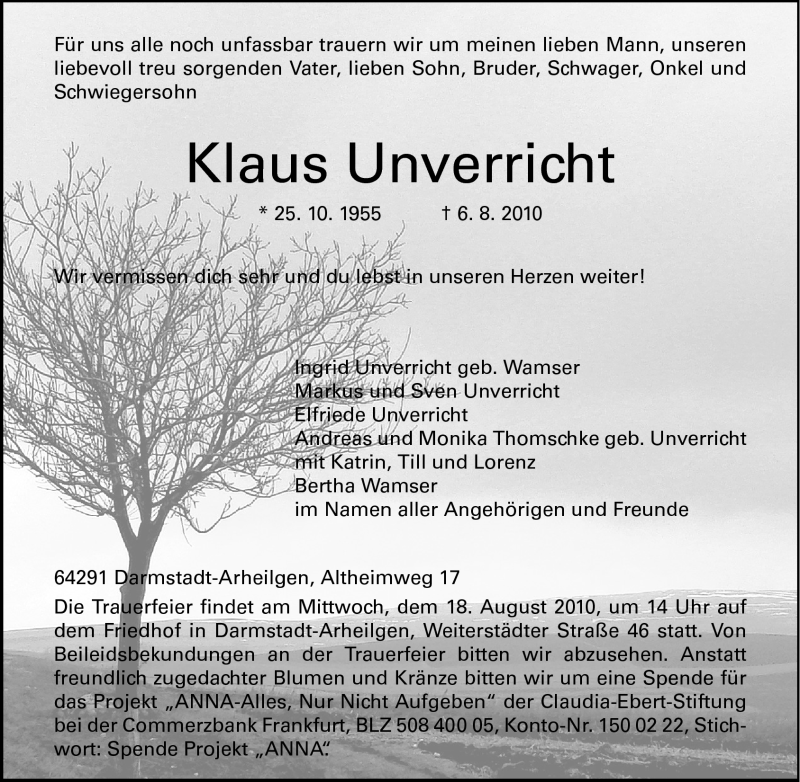  Traueranzeige für Klaus Unverricht vom 14.08.2010 aus Echo-Zeitungen (Gesamtausgabe)