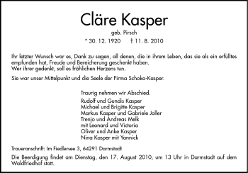 Traueranzeige von Cläre Kasper von Darmstädter Echo, Odenwälder Echo, Rüsselsheimer Echo, Groß-Gerauer-Echo, Ried Echo