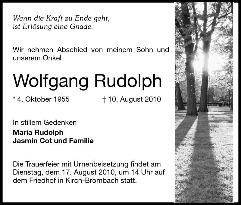  Traueranzeige für Wolfgang Rudolph vom 14.08.2010 aus Odenwälder Echo