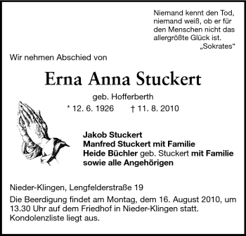Traueranzeige von Erna Anna Stuckert von Echo-Zeitungen (Gesamtausgabe)