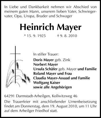 Traueranzeige von Heinrich Mayer von Echo-Zeitungen (Gesamtausgabe)