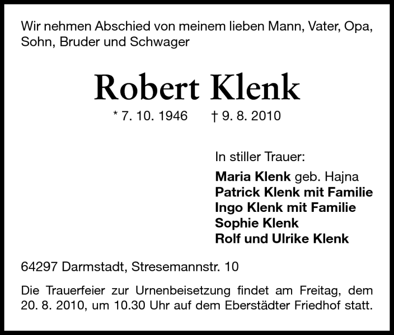  Traueranzeige für Maria Klenk vom 18.08.2010 aus Echo-Zeitungen (Gesamtausgabe)