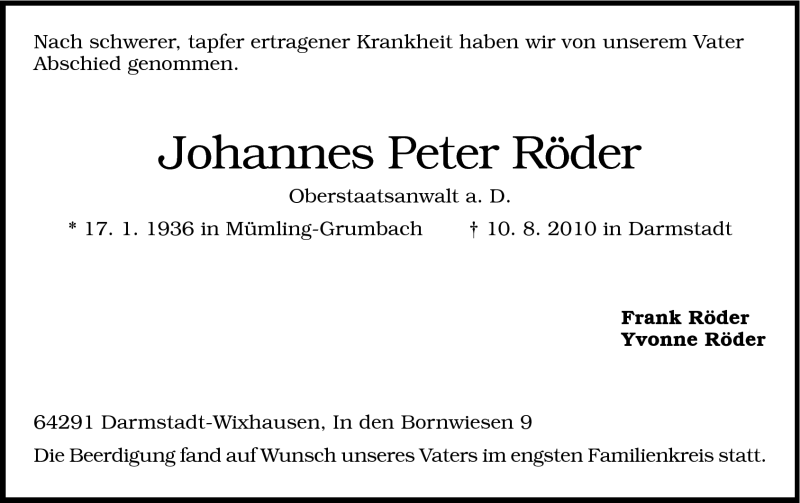  Traueranzeige für Johannes Peter Röder vom 21.08.2010 aus Echo-Zeitungen (Gesamtausgabe)