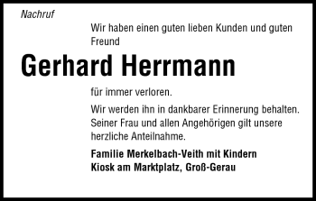Traueranzeige von Gerhard Herrmann von Rüsselsheimer Echo, Groß-Gerauer-Echo, Ried Echo