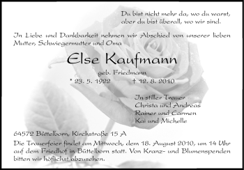 Traueranzeige von Else Kaufmann von Rüsselsheimer Echo, Groß-Gerauer-Echo, Ried Echo