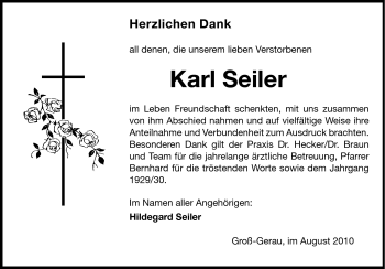 Traueranzeige von Karl Seiler von Rüsselsheimer Echo, Groß-Gerauer-Echo, Ried Echo