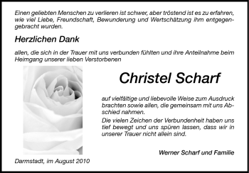 Traueranzeige von Christel Scharf von Darmstädter Echo, Odenwälder Echo, Rüsselsheimer Echo, Groß-Gerauer-Echo, Ried Echo