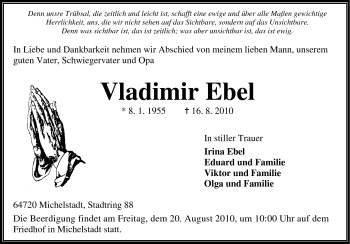 Traueranzeige von Vladimir Ebel von Odenwälder Echo
