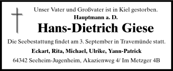 Traueranzeige von Hans-Dietrich Giese von Darmstädter Echo, Odenwälder Echo, Rüsselsheimer Echo, Groß-Gerauer-Echo, Ried Echo
