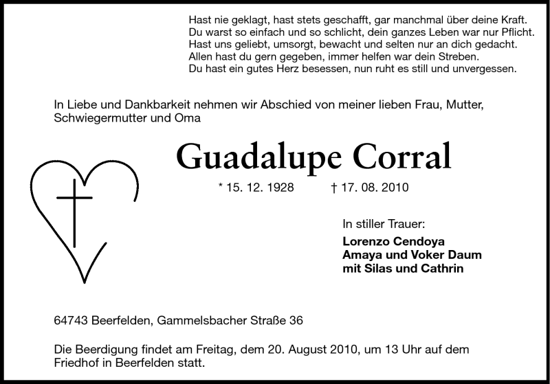  Traueranzeige für Guadalupe Corral vom 19.08.2010 aus Odenwälder Echo