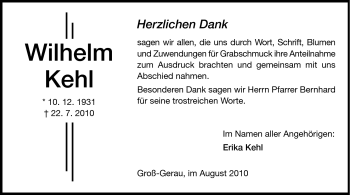 Traueranzeige von Wilhelm Kehl von Rüsselsheimer Echo, Groß-Gerauer-Echo, Ried Echo