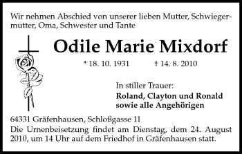 Traueranzeige von Odile Marie Mixdorf von Echo-Zeitungen (Gesamtausgabe)