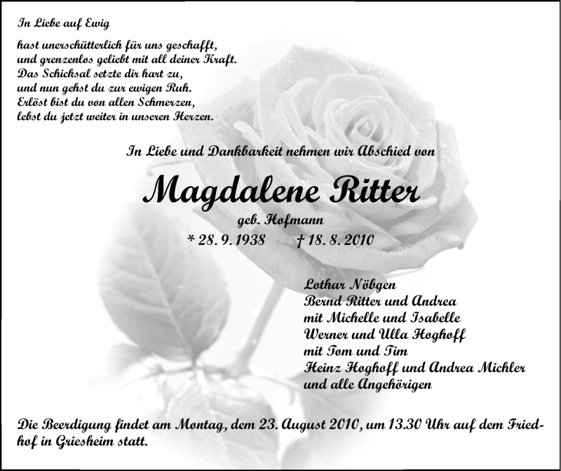 Traueranzeige für Magdalene Ritter vom 21.08.2010 aus Echo-Zeitungen (Gesamtausgabe)