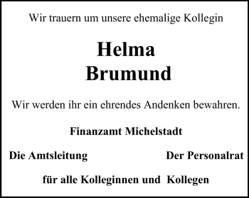 Traueranzeige von Helga Brumund von Odenwälder Echo
